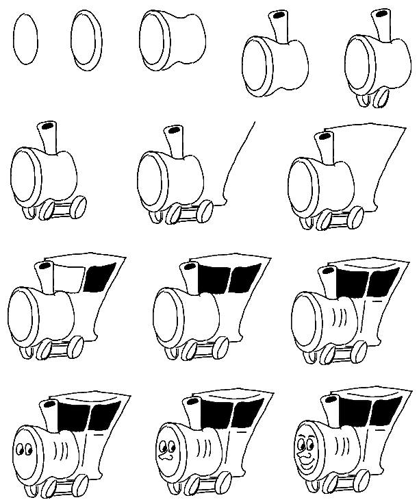 Learn to draw a cartoon train step by step